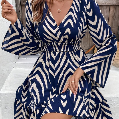 Elegant Blue Chevron Print Wrap Dress for Women with V Neck Bell Sleeve Ruffle Hem Flowing Style