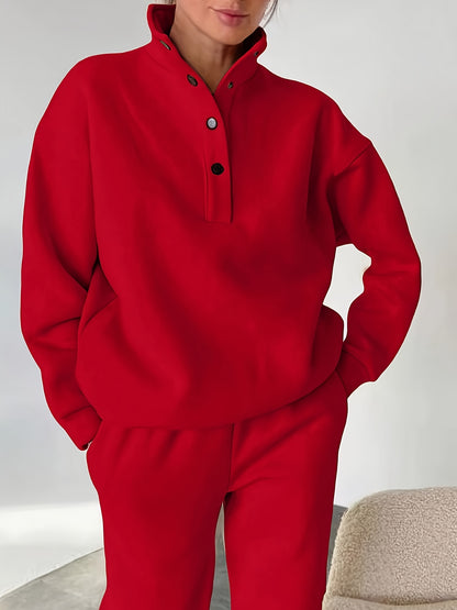 Comfortable Fleece Sweatsuit for Women with Mock Neck Snap Button Long Sleeve Oversized Two Piece Style