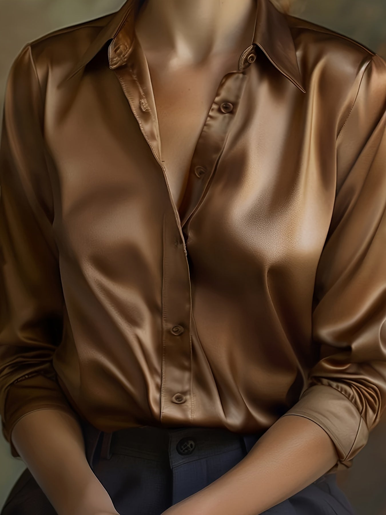 Elegant Satin Long Sleeve Shirt for Women with Collar Button Front Relaxed Silky Style