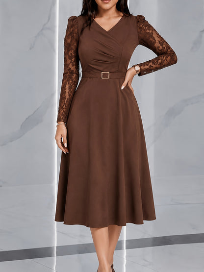 Elegant Brown Semi Formal Dress for Women with V Neck Lace Sleeve Belted Fit and Flare Midi Party Style
