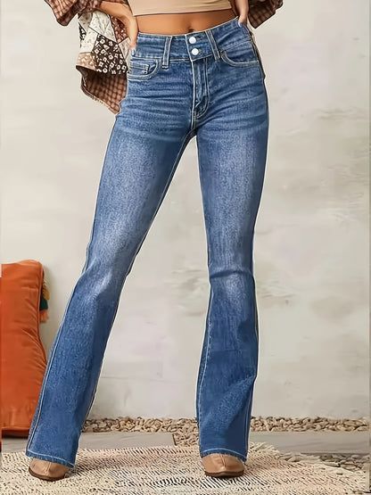 Effortless Medium Blue Flare Jeans for Women with High Waist Button Front Bootcut Relaxed Style