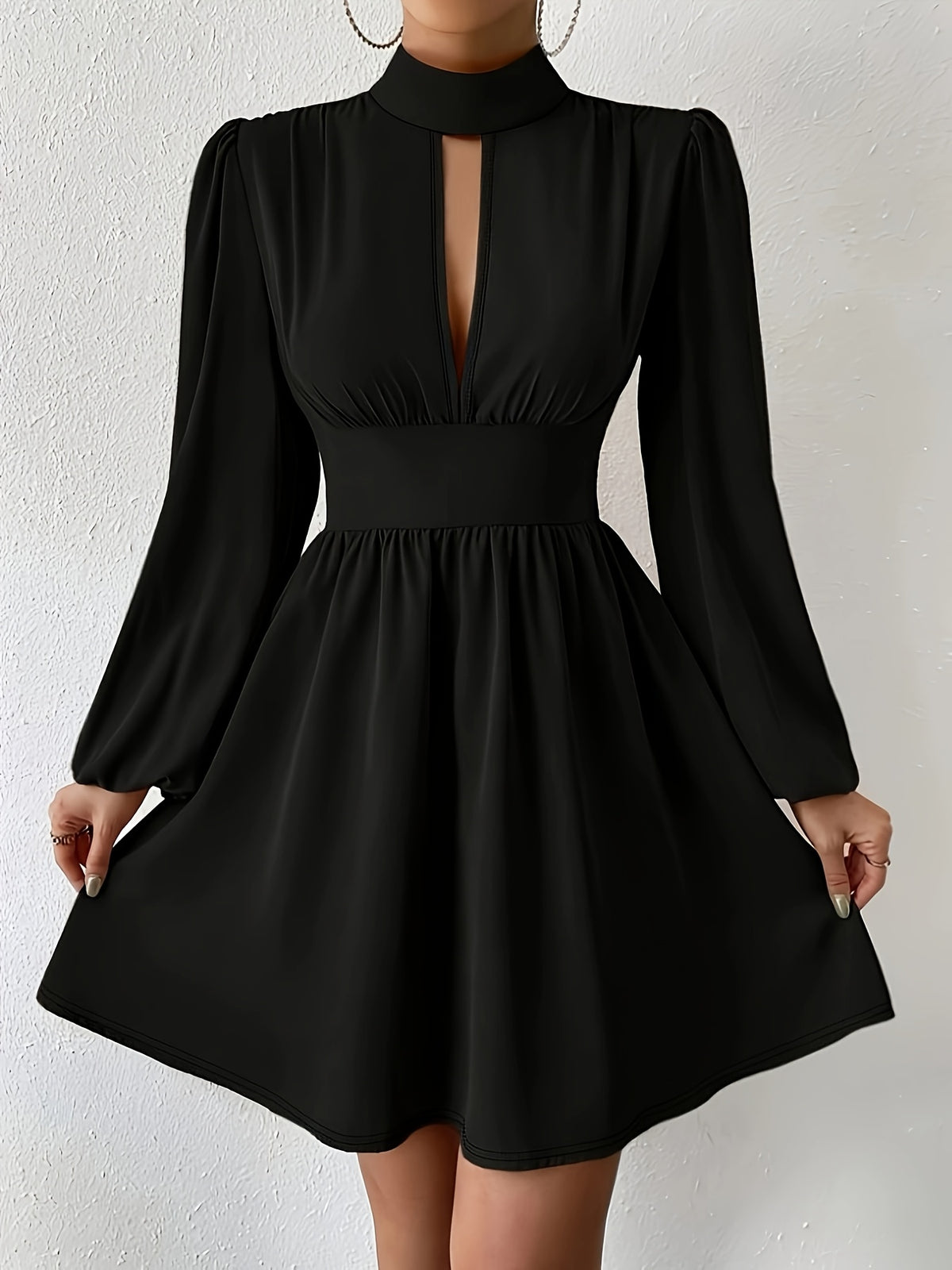 Chic Black Semi Formal Dress for Women with Mock Neck Keyhole Long Sleeve Fit and Flare Mini Party Style