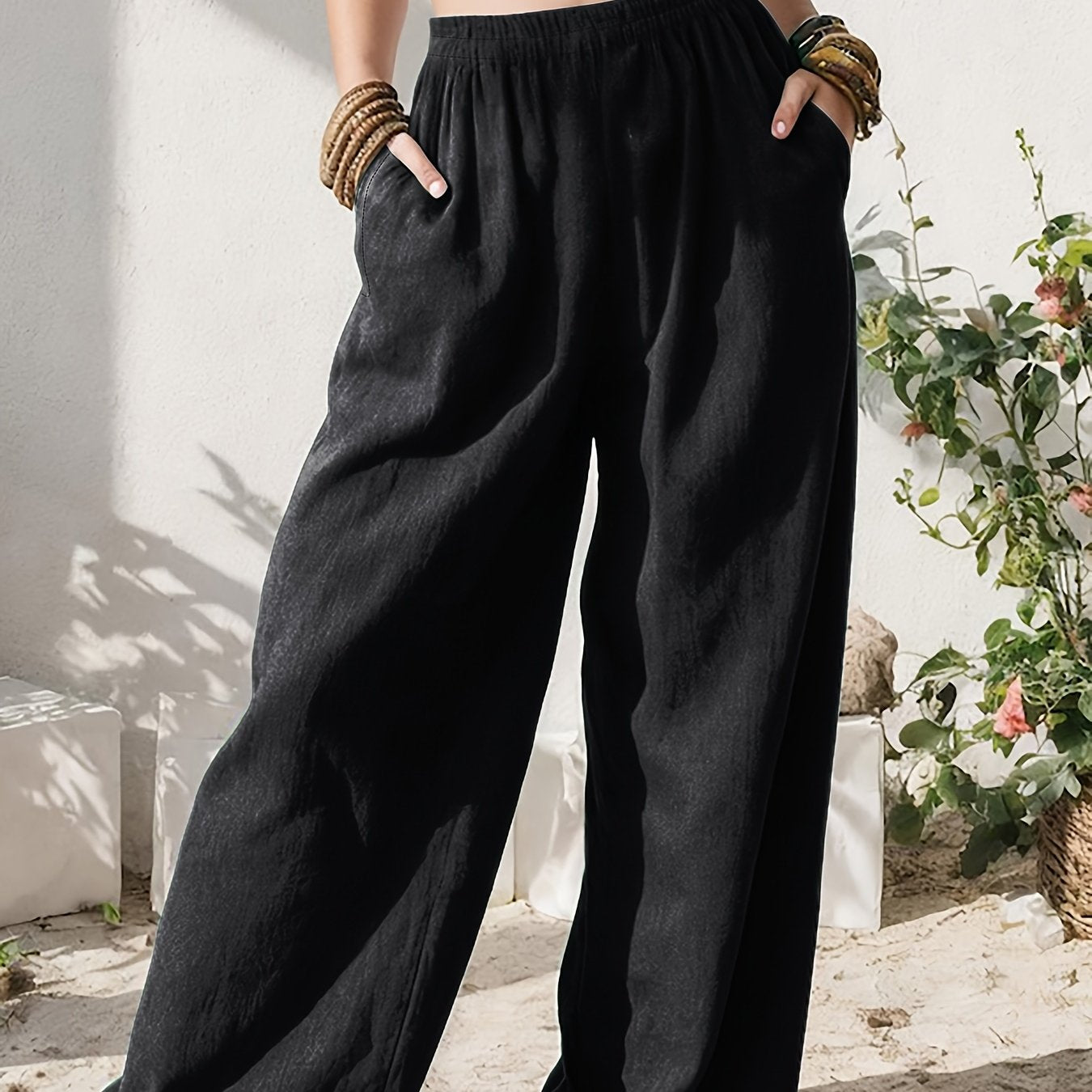 Effortless Linen Wide Leg Pants for Women with High Waist Pocket Flowing Relaxed Casual Style