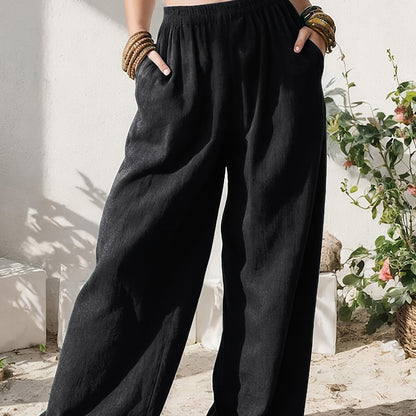 Effortless Linen Wide Leg Pants for Women with High Waist Pocket Flowing Relaxed Casual Style