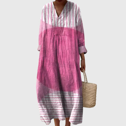 Effortless Printed Linen Maxi Dress for Women with V Neck Long Sleeve Relaxed Oversized Flowing Style