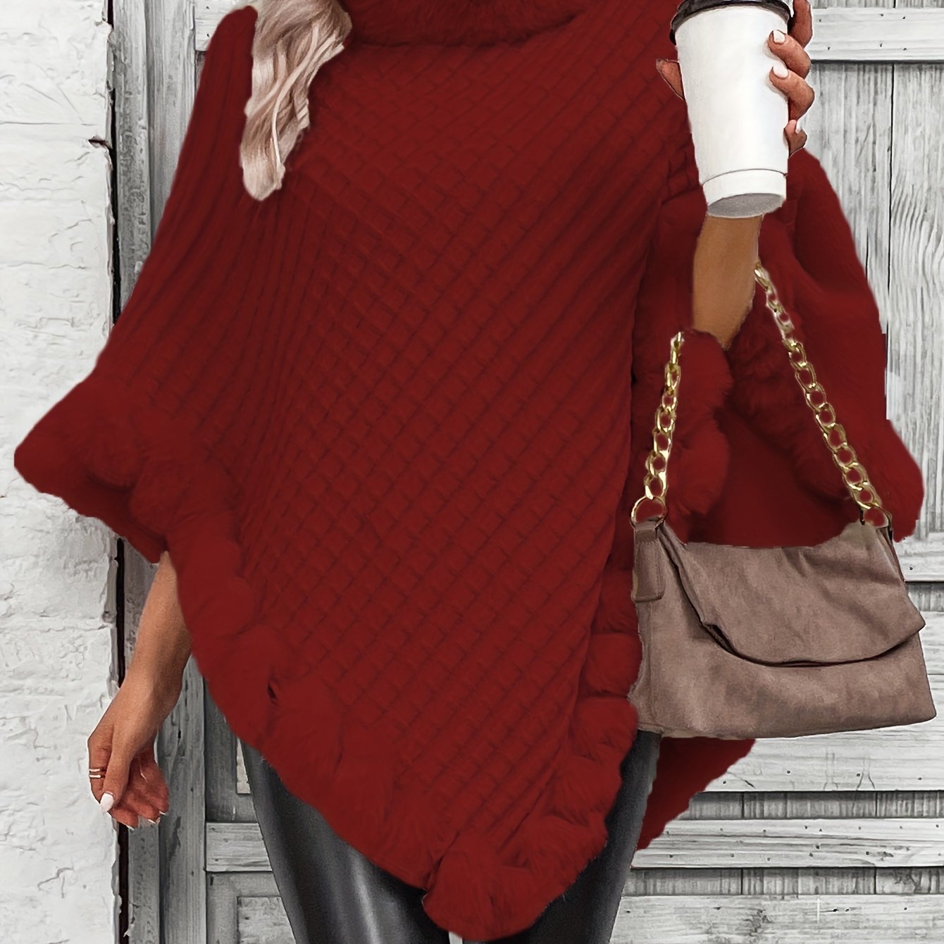 Comfortable Faux Fur Trim Poncho for Women with Turtleneck Batwing Sleeve Asymmetric Oversized Knit Style