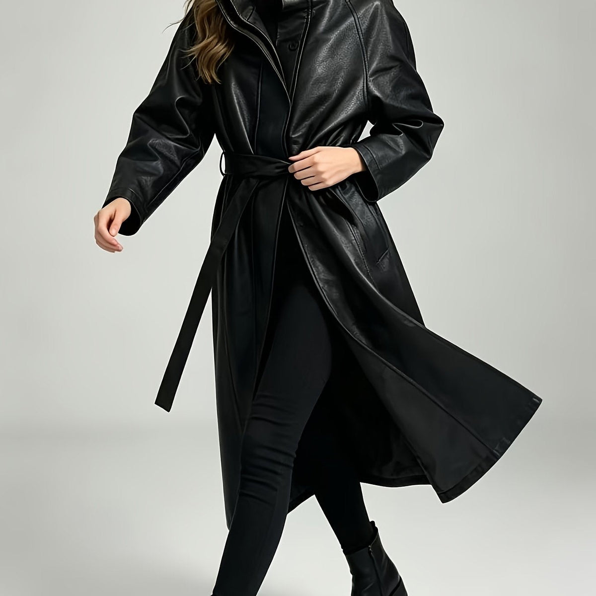 Effortless Black Faux Leather Trench Coat for Women with Stand Collar Long Sleeve Tie Belt Relaxed Style