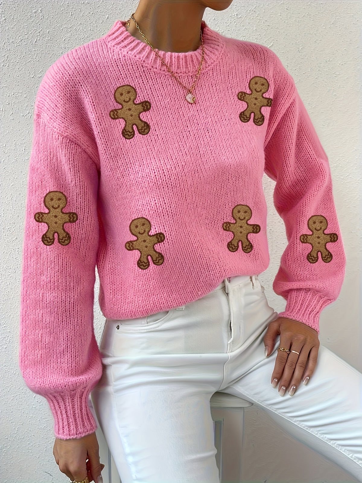 Cozy Pink Gingerbread Christmas Tacky Sweater for Women with Crew Neck Long Sleeve Knit Pullover Holiday Style
