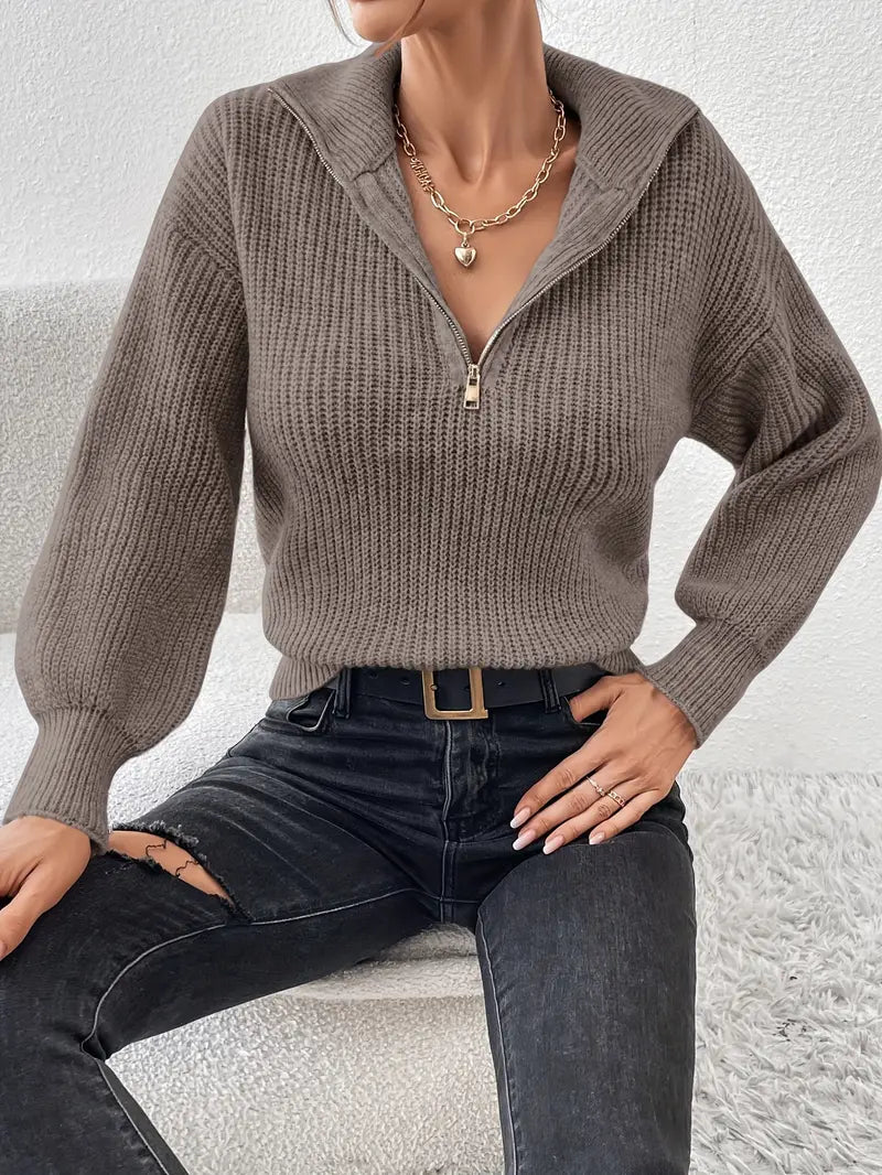 Cozy Quarter-Zip Knit Sweater for Women with Spread Collar Long Sleeve Lightweight Pullover Style