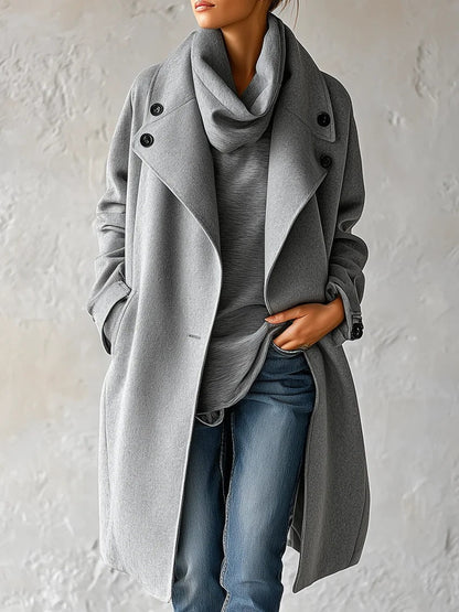 Refined Grey Wool Coat for Women with Shawl Collar Draped Open Front Relaxed Mid Length Style