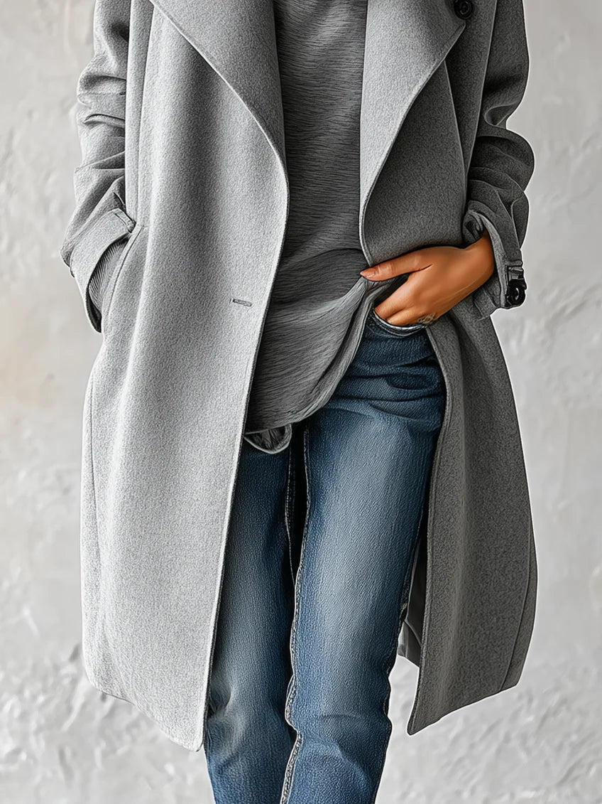 Refined Grey Wool Coat for Women with Shawl Collar Draped Open Front Relaxed Mid Length Style