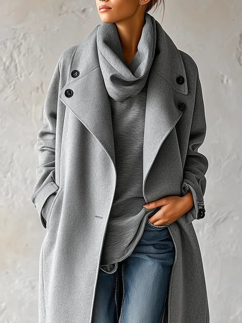 Refined Grey Wool Coat for Women with Shawl Collar Draped Open Front Relaxed Mid Length Style