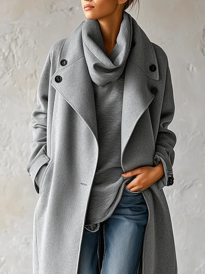 Refined Grey Wool Coat for Women with Shawl Collar Draped Open Front Relaxed Mid Length Style