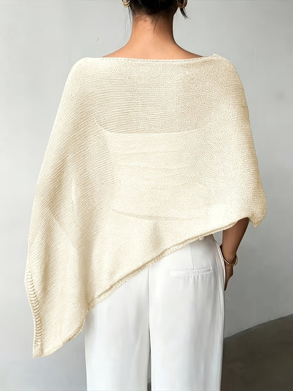 Effortless Poncho Shirt for Women with Boat Neck Asymmetric Hem Sheer Knit Style