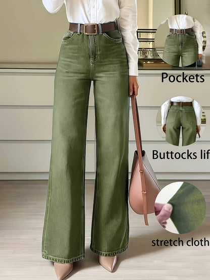 Effortless Fern Green Flare Jeans for Women with High Waist Stretch Wide Leg Style