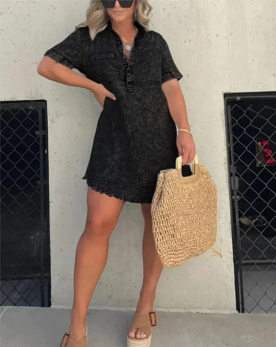 Effortless Acid Wash Denim Dress for Women with Collar Short Sleeve Frayed Hem Casual Style