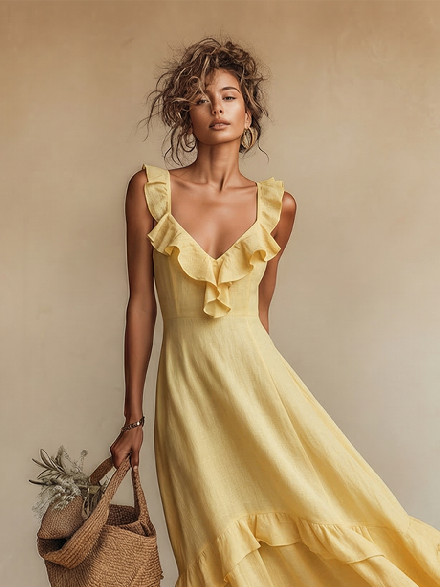 Effortless Yellow Sundress for Women with Ruffle V Neck Tiered Hem Sleeveless Linen Casual Maxi Style