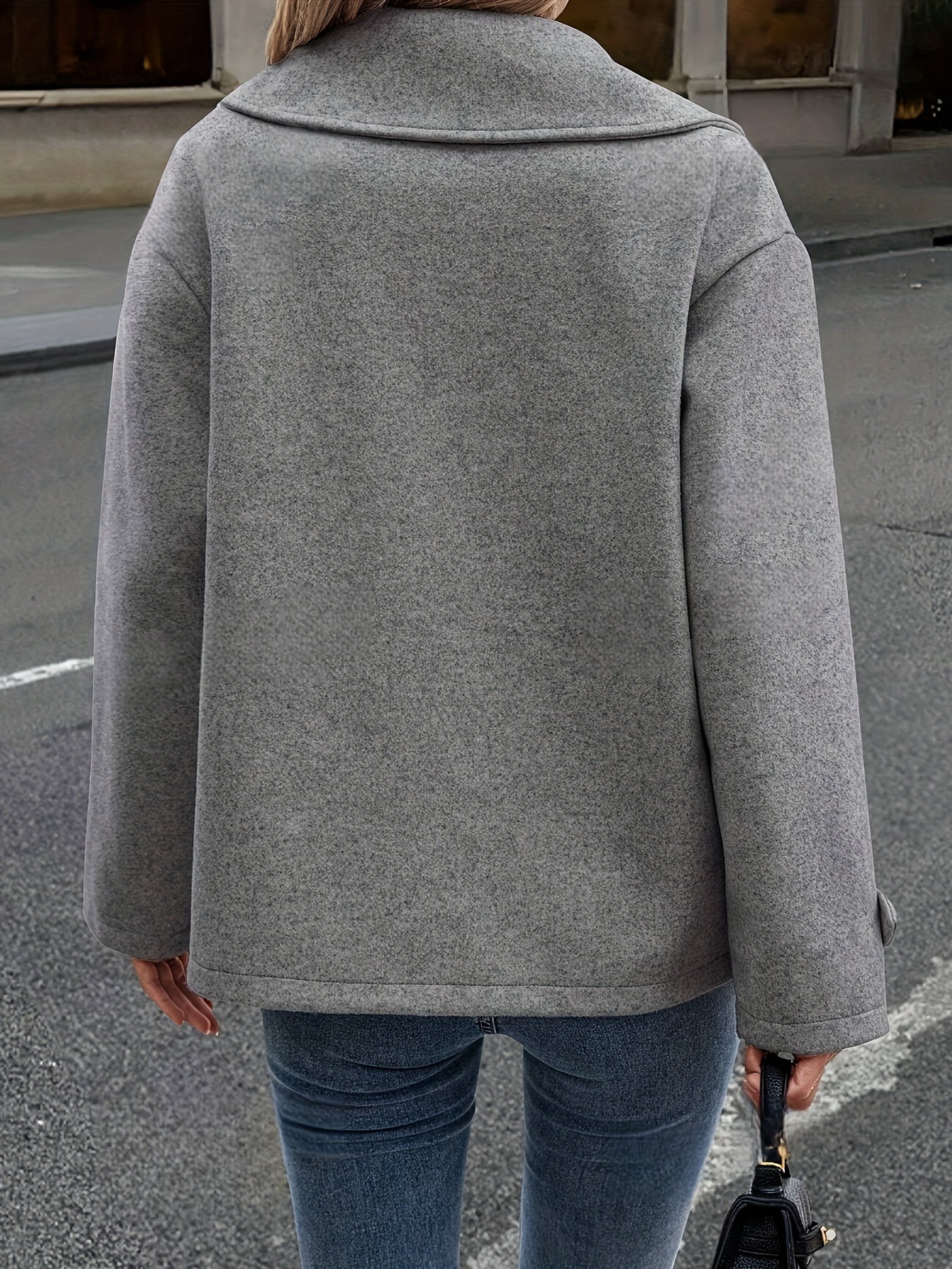 Elegant Dark Gray Wool High Pea Coat for Women with Notched Lapel Long Sleeve Double Breasted Oversized Style