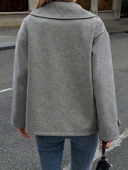 Elegant Dark Gray Wool High Pea Coat for Women with Notched Lapel Long Sleeve Double Breasted Oversized Style