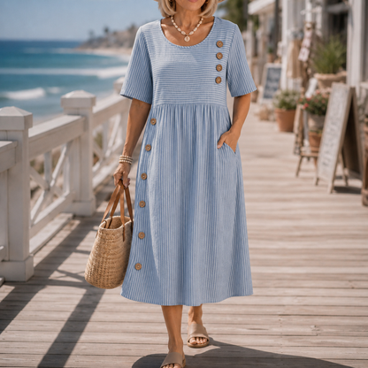 Effortless Striped Linen Midi Dress for Women with Scoop Neck Short Sleeve Button Trim Relaxed Casual Style