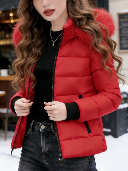 Cozy Red Ski Jacket for Women with Hooded Zip Closure Quilted Warm Winter Style