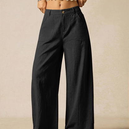 Effortless Linen Wide Leg Trousers for Women with High Waist Button Front Relaxed Casual Style