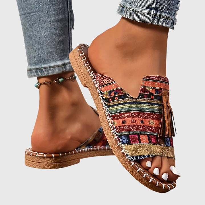 Comfortable Orthopedic Sandals for Women with Ethnic Print Tassel Flat Open Toe Slip On Casual Style