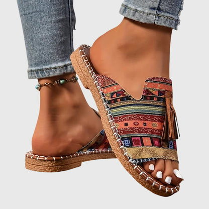Comfortable Orthopedic Sandals for Women with Ethnic Print Tassel Flat Open Toe Slip On Casual Style