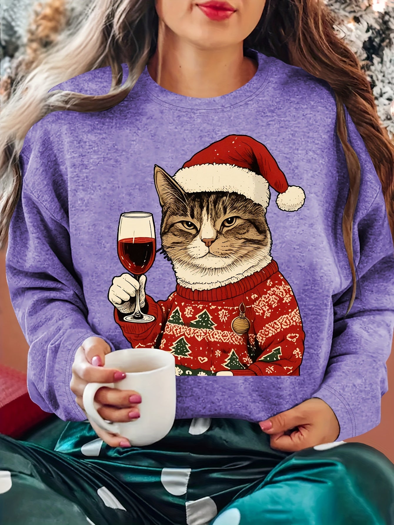 Comfortable Cat Graphic Christmas Tacky Sweater for Women with Crew Neck Long Sleeve Pullover Holiday Style