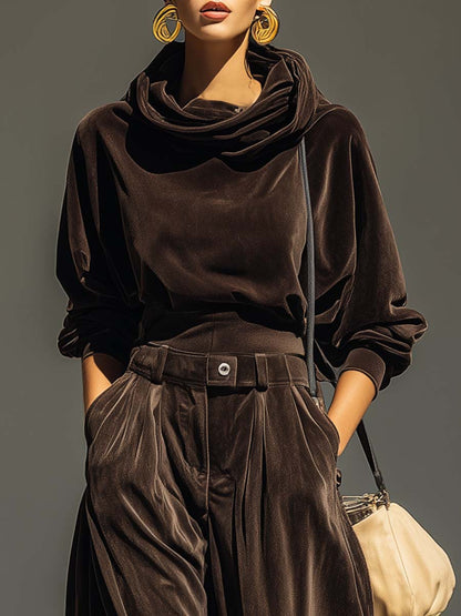Elegant Velvet Two Piece Set for Women with Draped Cowl Neck and Wide Leg Trousers
