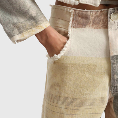Effortless Ivory Collage Print Wide Leg Jeans for Women with High Waist Raw Hem Frayed Pocket Relaxed Style