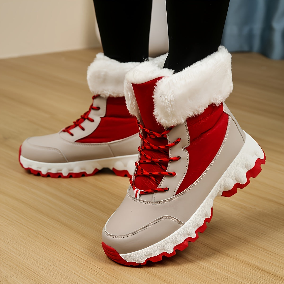 Warm Lace Up Snow Boots for Women with Faux Fur Cuff Chunky Grip Sole Winter Snowproof Style