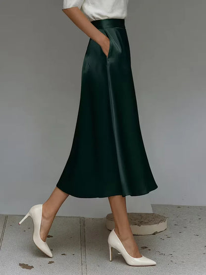 Elegant Satin Midi Skirt for Women with High Waist A Line Pocket Flowing Style
