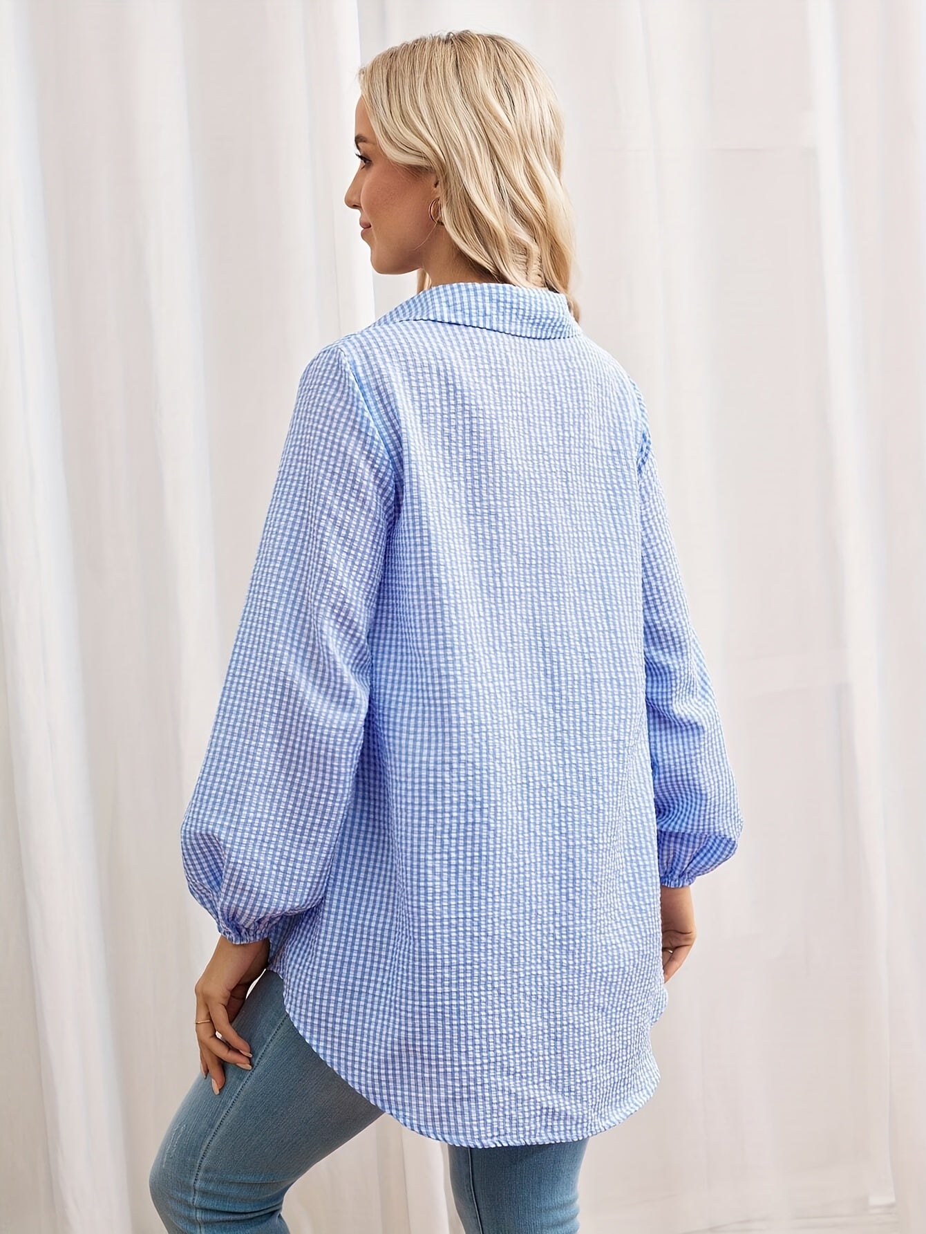Effortless Gingham Maternity Blouse for Women with Collar Long Sleeve Button Front Babydoll Style