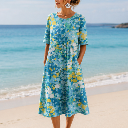 Effortless Confetti Print Midi Dress for Women with Round Neck Short Sleeve A Line Flowing Casual Style