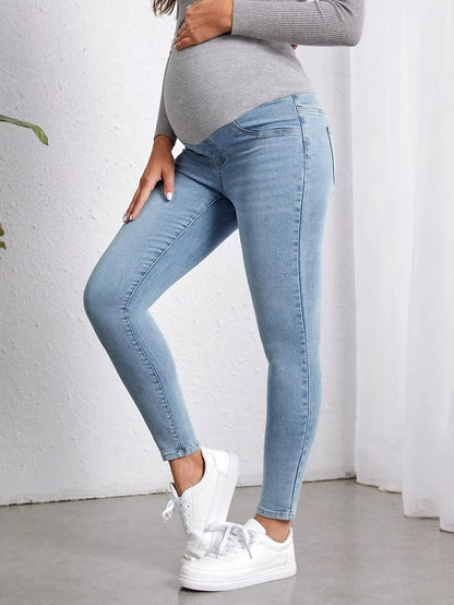 Comfortable Light Blue Maternity Jeans for Women with Elastic Belly Panel Skinny Fit Relaxed Style