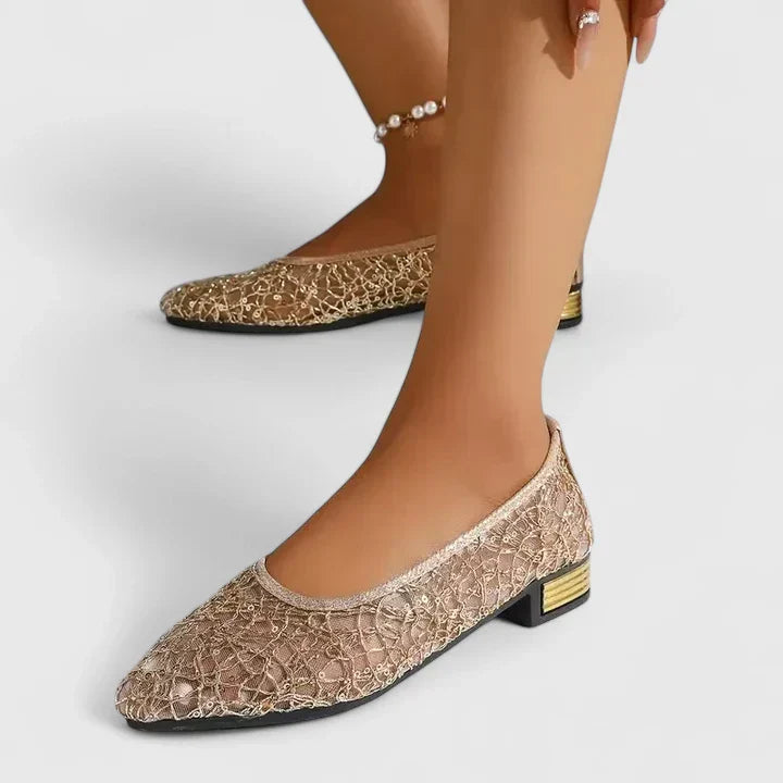 Elegant Lace Wedding Shoes for Women with Pointed Toe and Gold Heel Detail