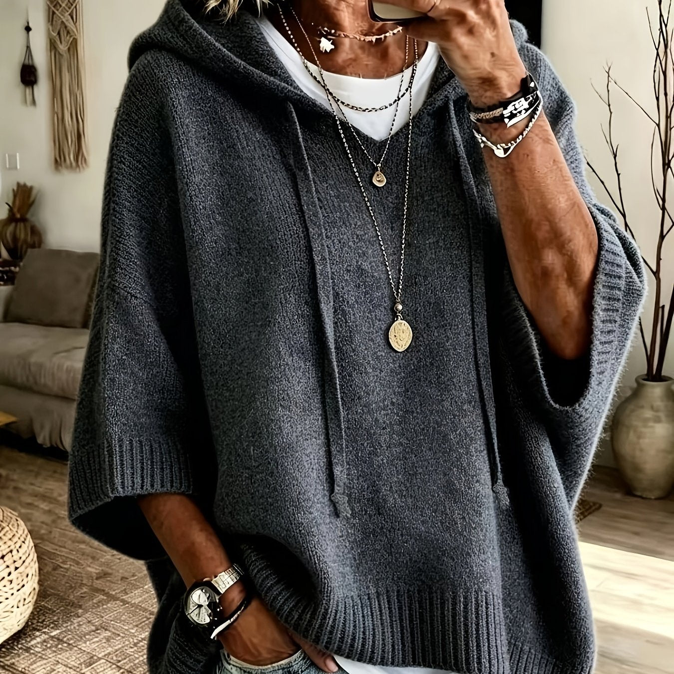 Comfortable Knit Oversized Hoodie for Women with Hooded Neck Half Sleeve Batwing Relaxed Style