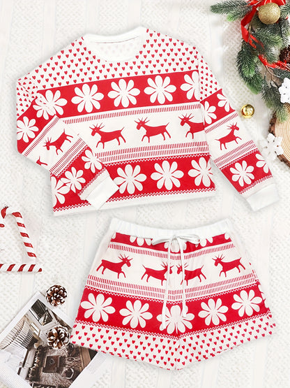 Cozy Red White Snowflake Christmas Holiday Pajamas for Women with Round Neck Long Sleeve Reindeer Two Piece Style