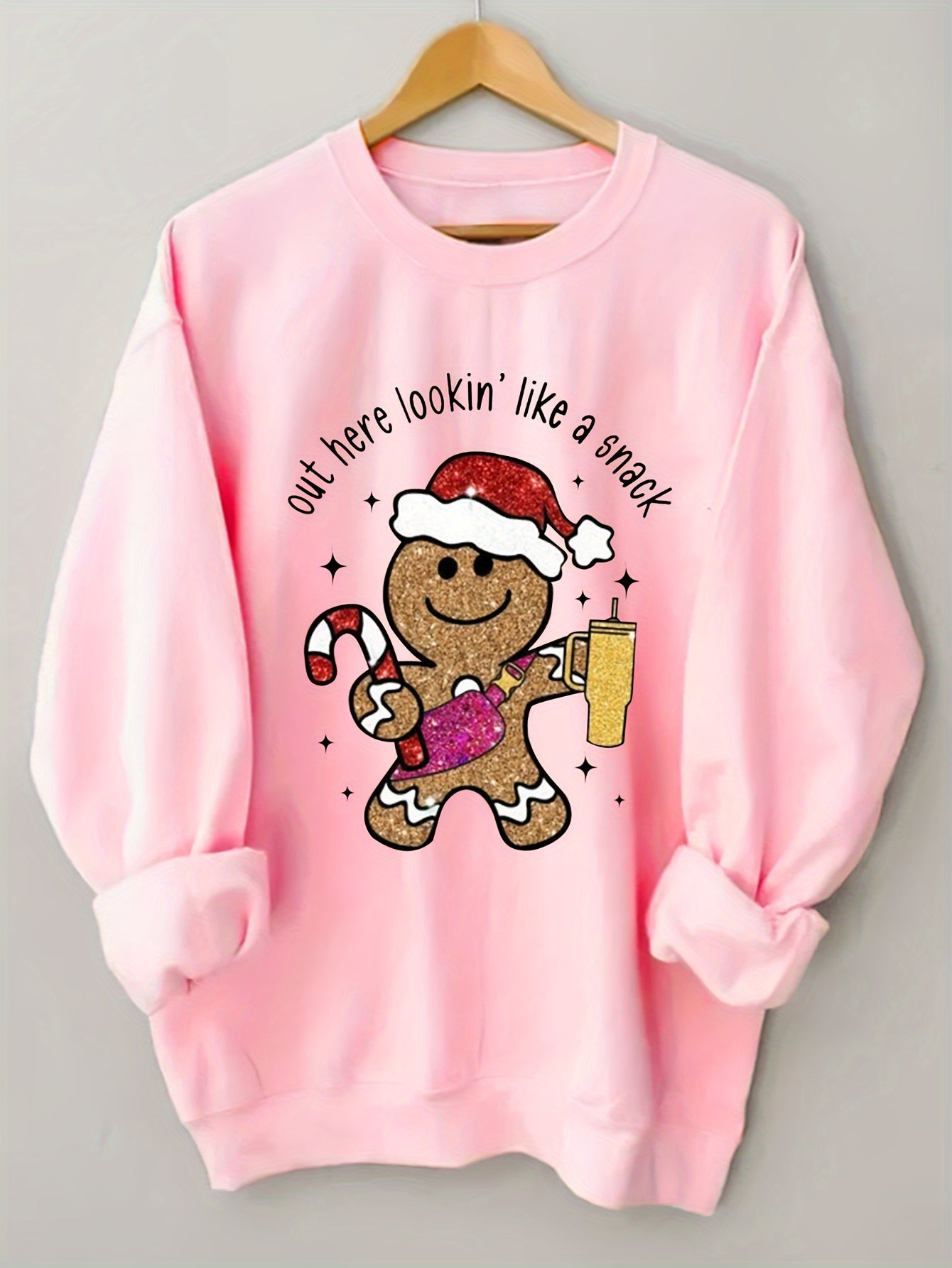 Comfortable Pink Gingerbread Christmas Tacky Sweater for Women with Crew Neck Long Sleeve Oversized Graphic Print Style