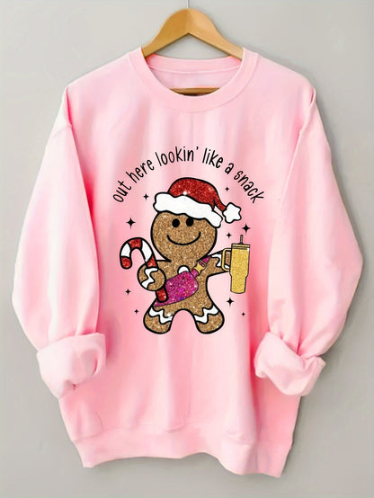 Comfortable Pink Gingerbread Christmas Tacky Sweater for Women with Crew Neck Long Sleeve Oversized Graphic Print Style