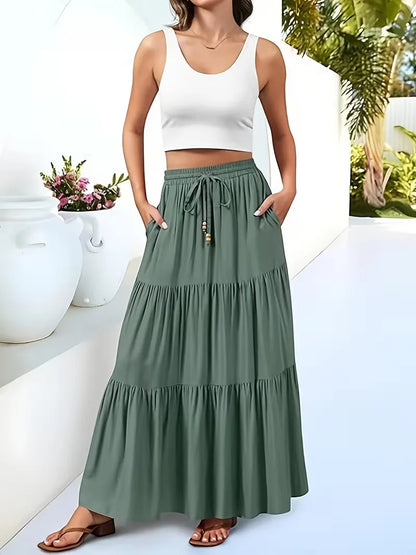 Effortless Tiered Maxi Skirt for Women with Drawstring Waist Ruffle Flowing Bohemian Style