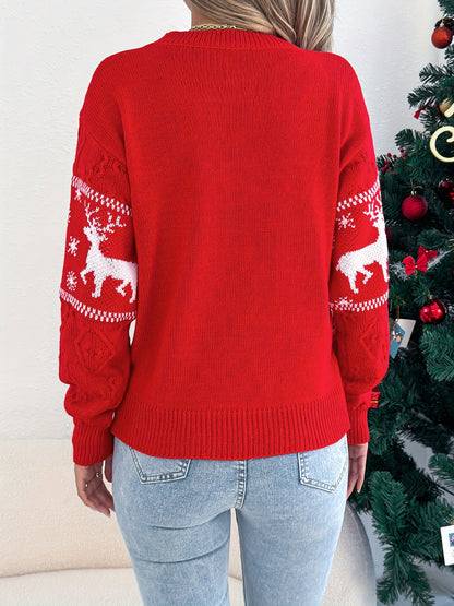Cozy Women's Christmas Sweater with Crew Neck Fair Isle Reindeer Knit Style