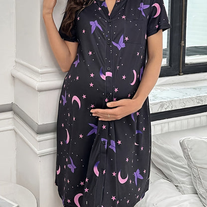Comfortable Printed Maternity Nightgown for Women with Round Neck Short Sleeve Button Front Relaxed Style