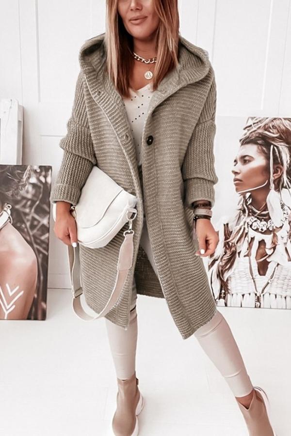 Cozy Long Knit Cardigan for Women with Hooded Neck Long Sleeve Button Front Duster Style