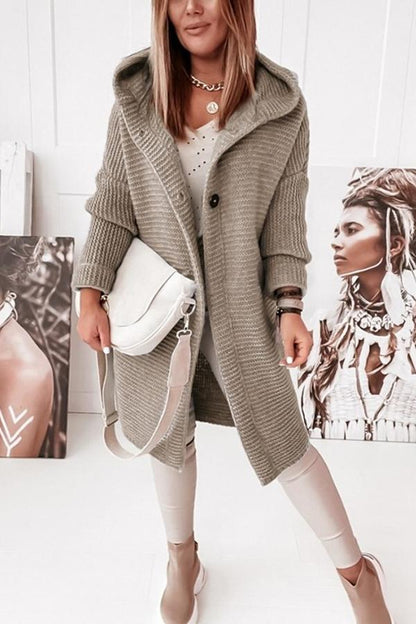 Cozy Long Knit Cardigan for Women with Hooded Neck Long Sleeve Button Front Duster Style