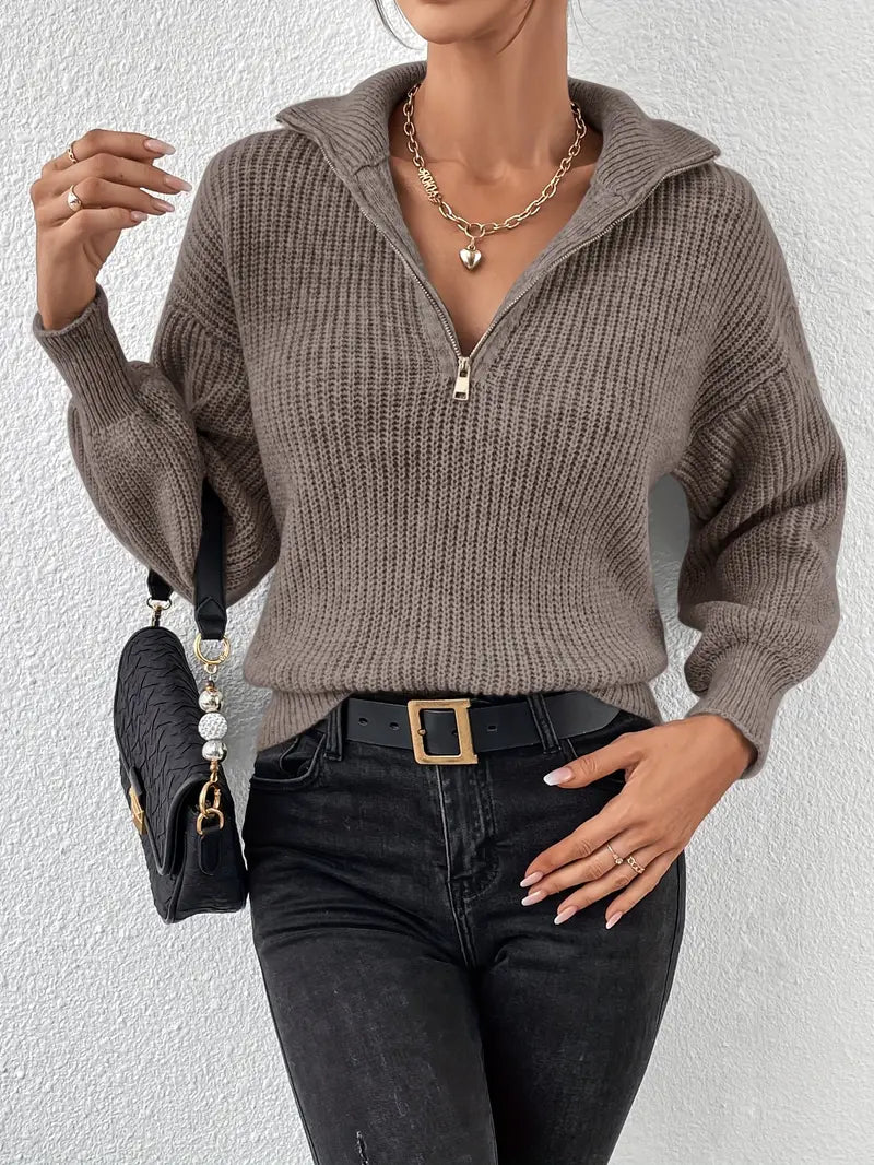 Cozy Quarter-Zip Knit Sweater for Women with Spread Collar Long Sleeve Lightweight Pullover Style