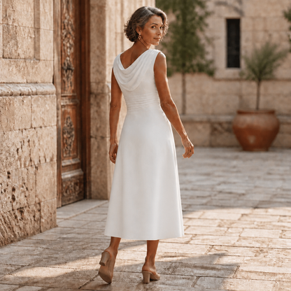 Elegant Draped Midi Dress for Women with Cowl Neck Sleeveless Pleated Waist Fall Wedding Guest Style