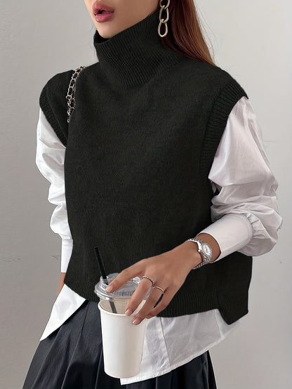Cozy Sleeveless Turtleneck Vest for Women with High Neck Ribbed Knit Side Slit Style
