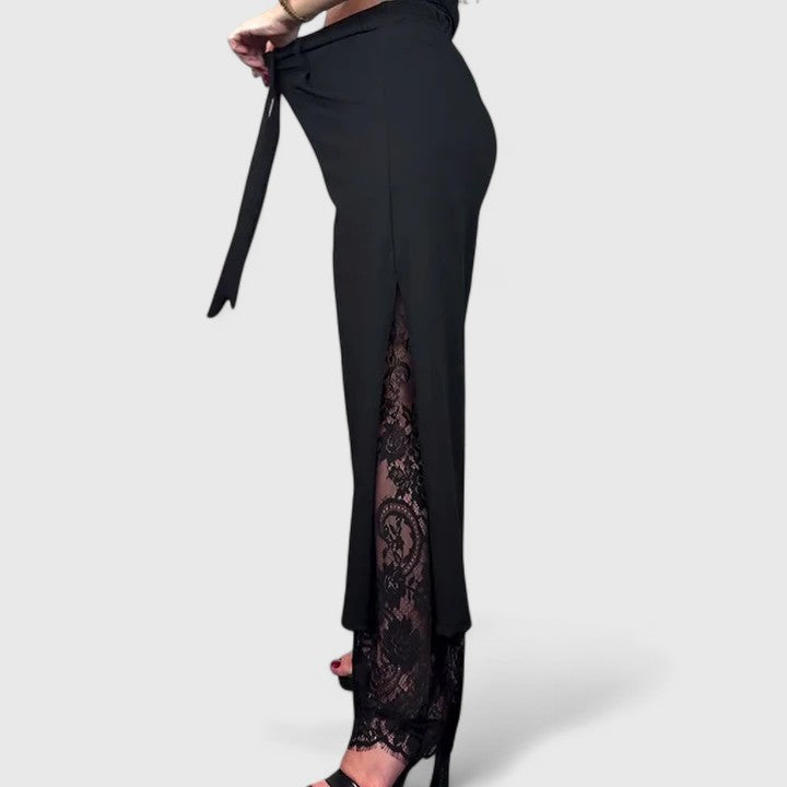 Elegant Black Wide Leg Pants for Women with High Waist Lace Trim Belted Slit Flowing Style